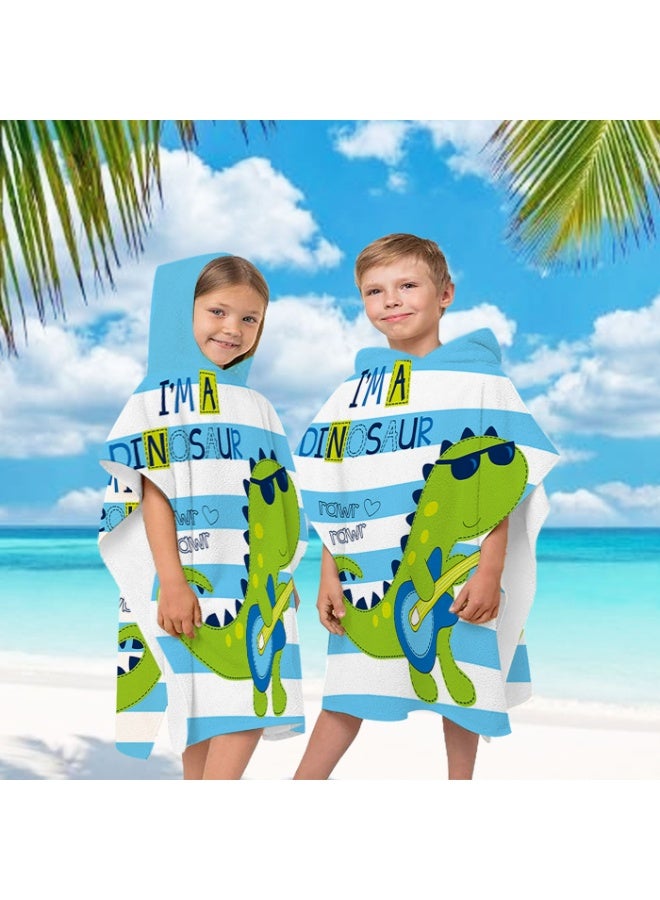 Kids Hooded Poncho Towel, Quick-Dry Beach Swim with Rock Dinosaur Print - Image 1