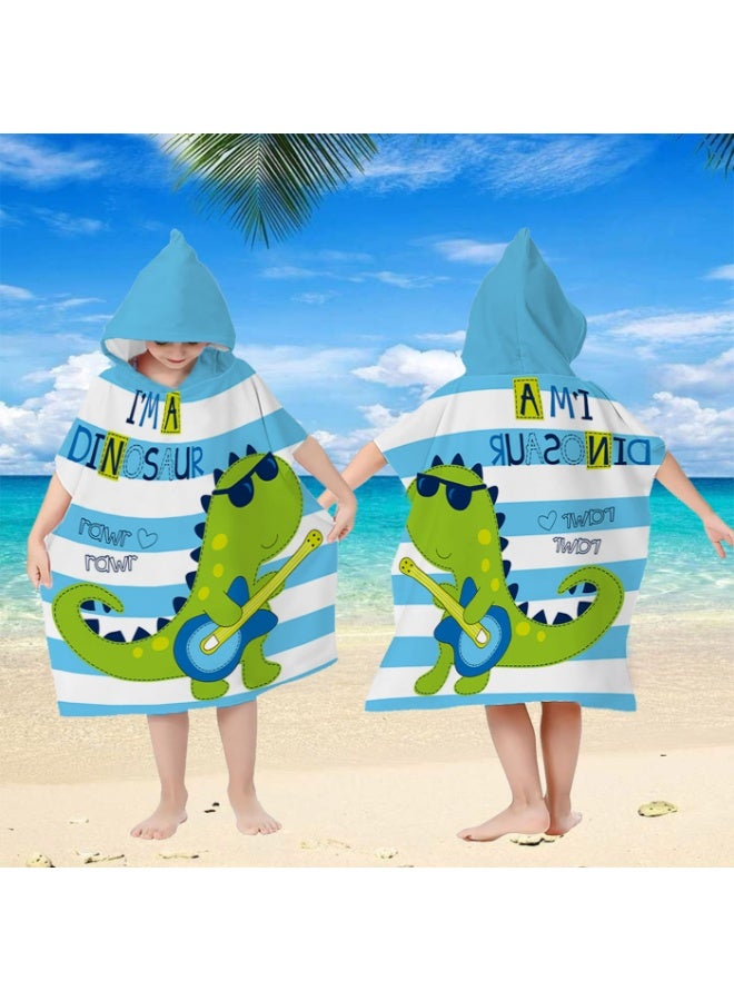 Kids Hooded Poncho Towel, Quick-Dry Beach Swim with Rock Dinosaur Print - Image 3
