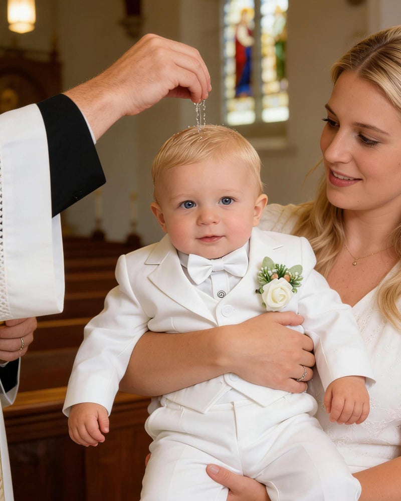 SANMIO Baby Boy Baptism Outfit Baby Boy Suits Collared Dress Shirt+Vest+Tie+Corsage+Pants Baby Christening Formal Outfits 5Pcs Sets - Image 3