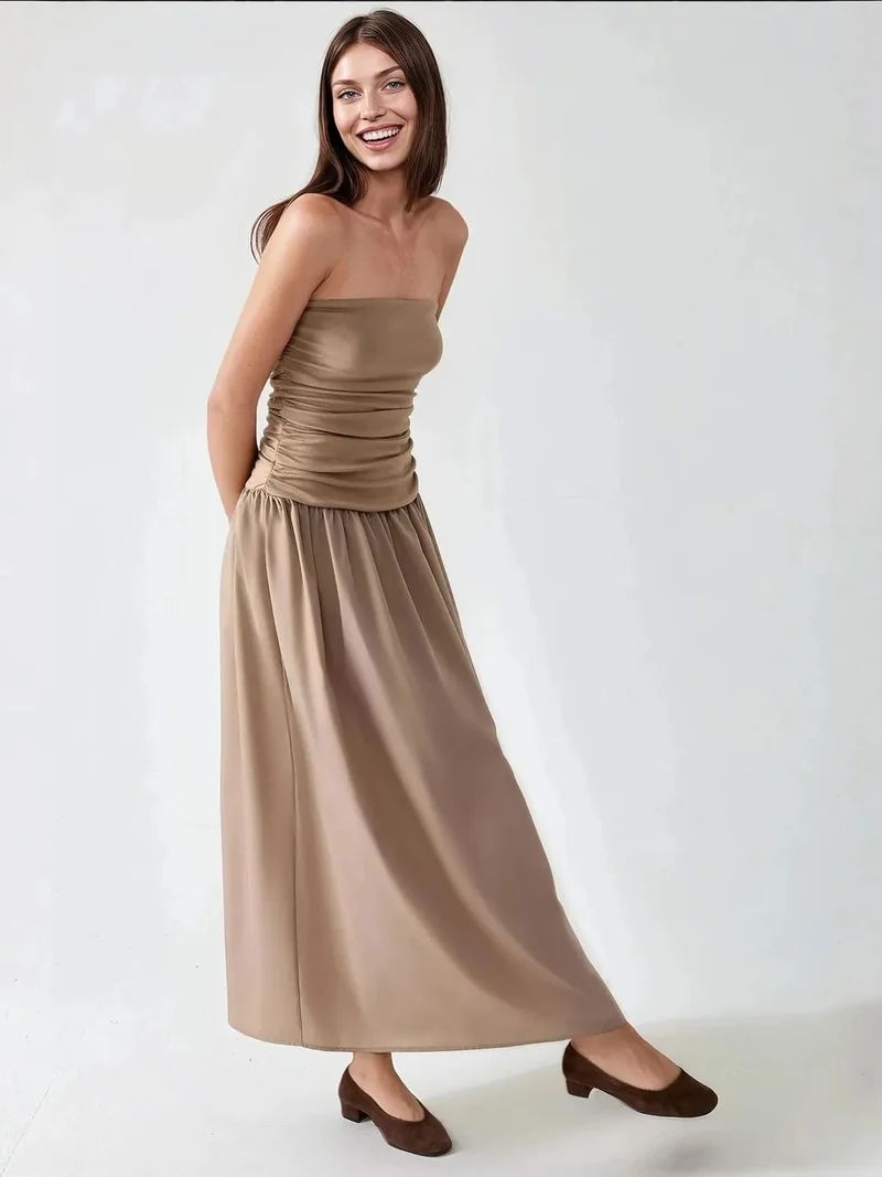 زوبعة فستان ماكسي بلا حمالات بقصة حرف