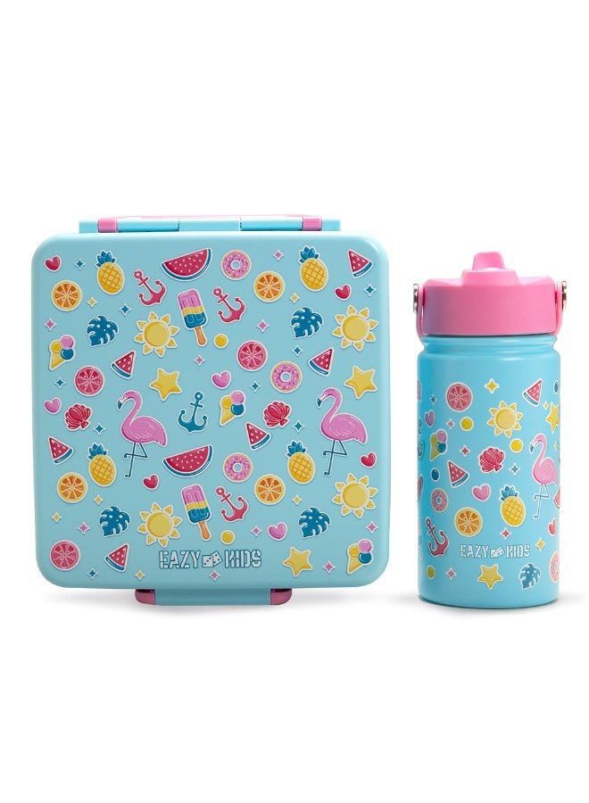Eazy Kids Jumbo Bento Lunch Box w/ 360ml Steel Water Bottle, Spoon & Fork Set, and Insulated Lunch Bag - Flamingo Pink - Image 3