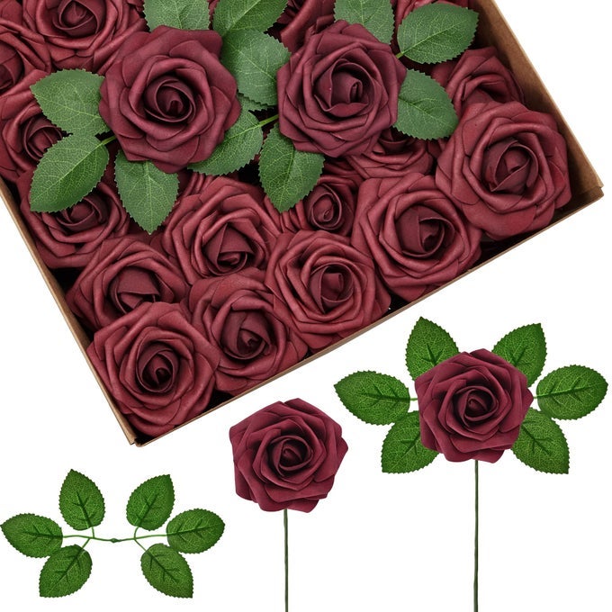 ARTIFICIAL FLOWERS 50 PCS BURGUNDY FOAM FAKE ROSES BULK WITH STEMS FOR DECORATION DIY WEDDING BOUQUETS CENTERPIECES BRIDAL SHOWER PARTY CHRISTMAS TREE