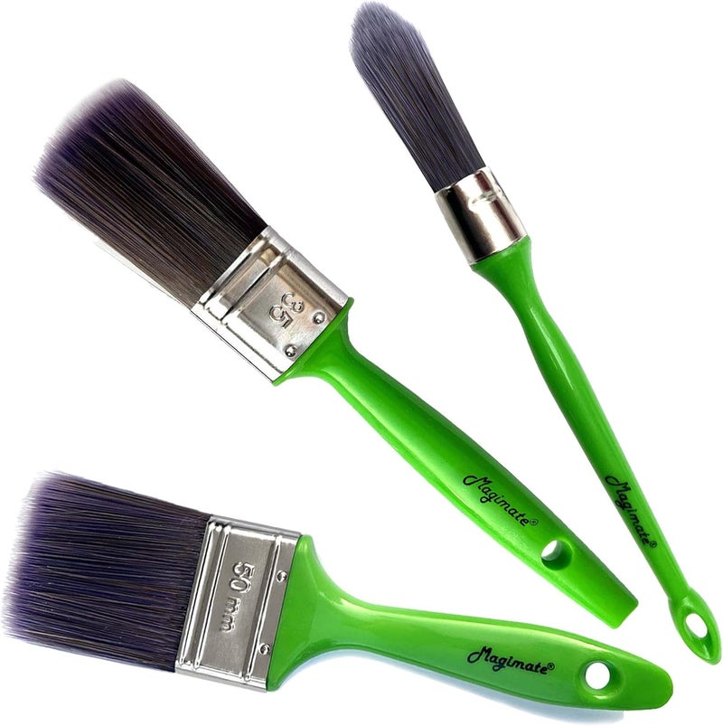 Magimate Upgraded general grade quality Paint Brush for Wood Stain Cabinet Painting Wall Trim Art and Crafts, Oval Flat and Round Paint Brushes Assortment, Pack of 3 Daily wear upgraded resistant material - Image 1