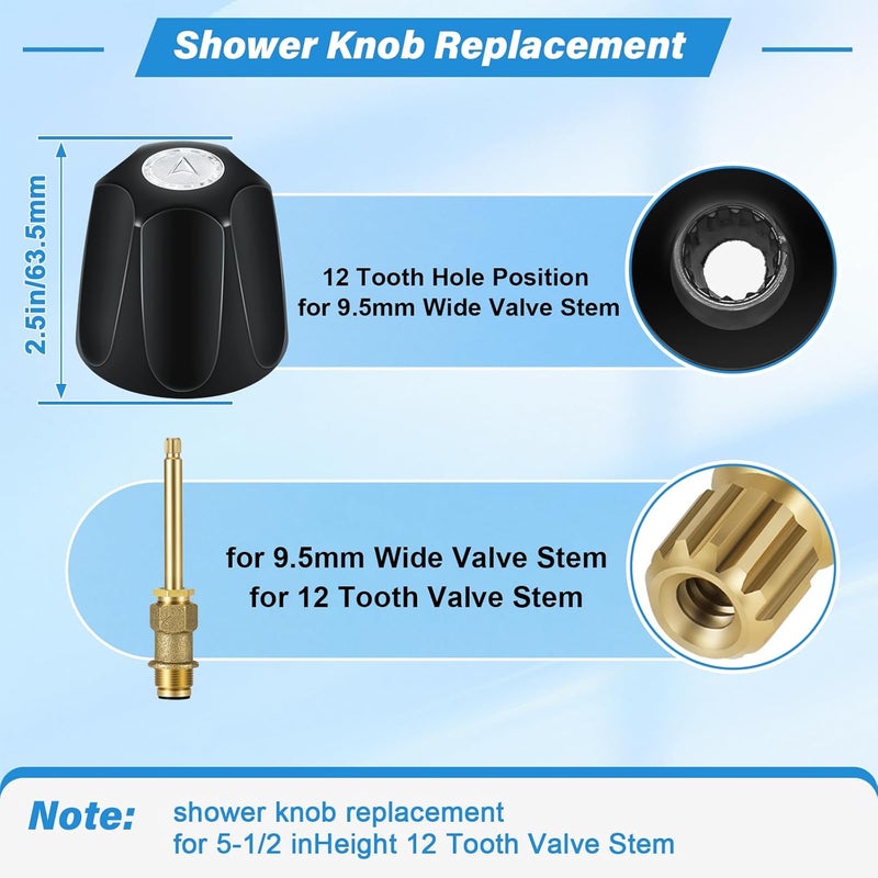 Coolfell Metal Matte Black Shower Knob 2 Piece Replacement, Compatible with Price/Pfister Verve Tub Shower Handle, 2 Faucet Handle Trim Kit, for 12 Tooth 9.5mm Valve stem, Height 2.35 in Width 2.35 in - Image 3