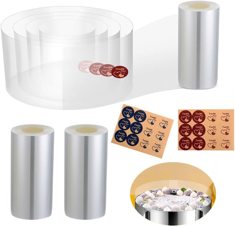 DATANYA 3 Pack Cake Collars 3.1 x 394inch Acetate Rolls Clear Cake Strips Transparent Mousse Cake Collar Acetate Sheet for Baking, Surrounding Edge Decorating + Bonus with Delicate Stickers - Image 1