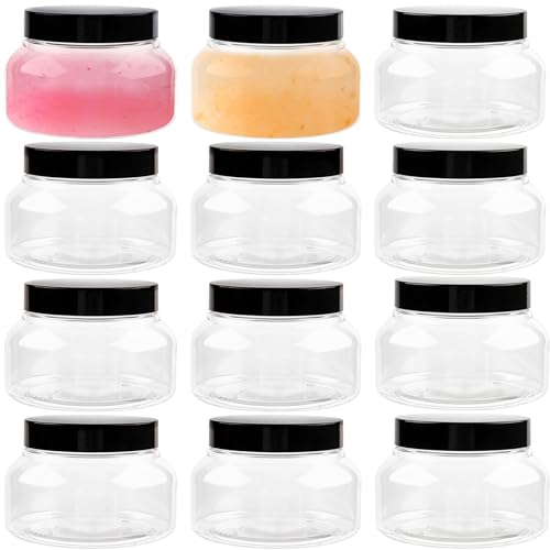 TUZAZO 8 Oz Premium Plastic Tuscany Jars with Lids BPA Free, 12 Pack Empty Sugar Scrub Containers, Round Clear Cosmetic Containers for Body Butter, Lotion, Cream, Gel, Beauty Product - Image 1