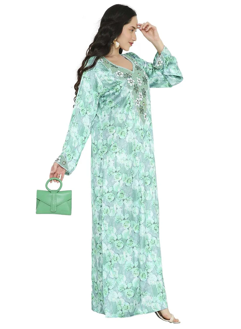 HANA & SARA UNIQUE FLORAL BEADED WITH CREATIVE PRINT DESIGN ARABIC KAFTAN JALABIYA DRESSES