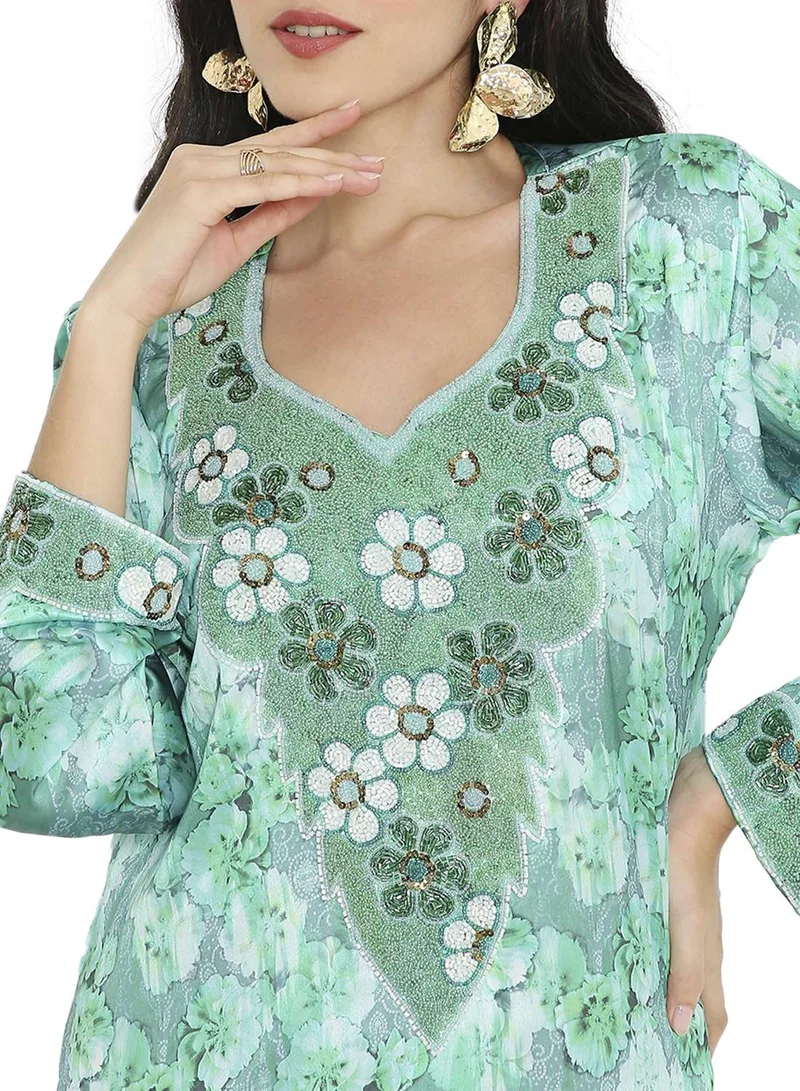 HANA & SARA UNIQUE FLORAL BEADED WITH CREATIVE PRINT DESIGN ARABIC KAFTAN JALABIYA DRESSES