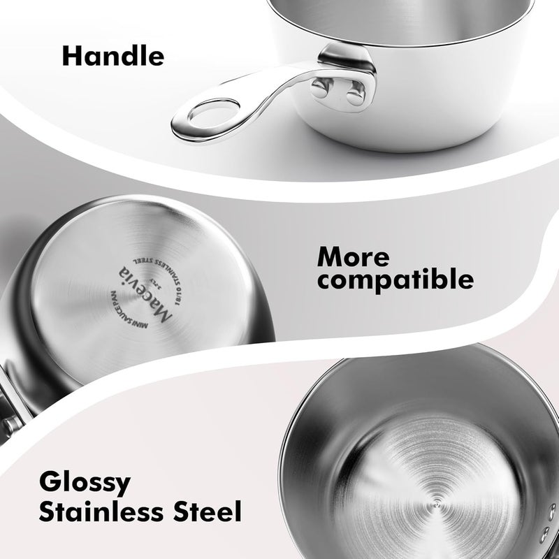 Macevia Mini Sauce Pan,18/10 Stainless Steel Butter Warmer Small Pot Cooking with Handle, Multipurpose Use for Home Kitchen or Restaurant (5oz/150ml) - Silver - Image 4