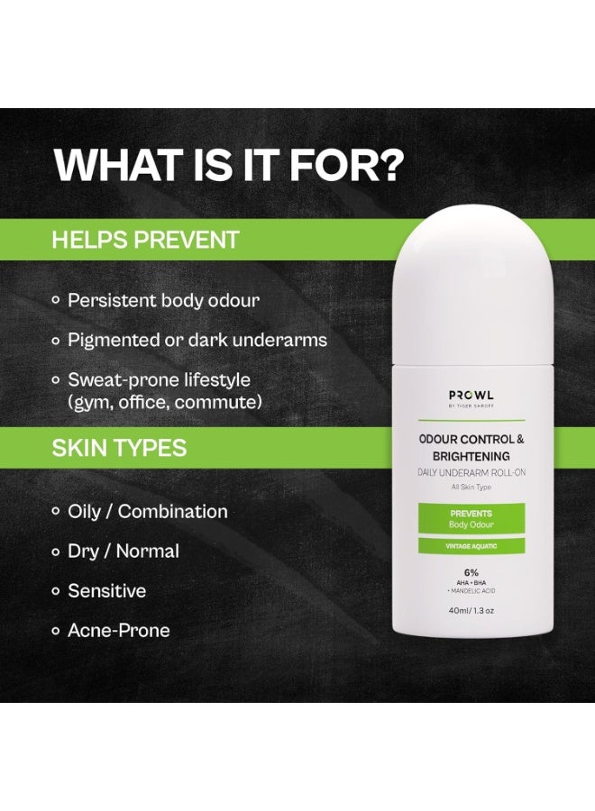 PROWL by Tiger Odour Control & Brightening  daily Underarm Roll On For Man | 6% AHA BHA Mandelic AcidBrightens Dark Underarms | Long Lasting Antiperspirant  | Non-Sticky | Vintage Aquatic, 40ml - Image 3