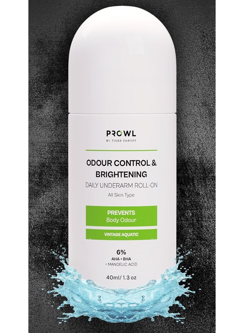 PROWL by Tiger Odour Control & Brightening  daily Underarm Roll On For Man | 6% AHA BHA Mandelic AcidBrightens Dark Underarms | Long Lasting Antiperspirant  | Non-Sticky | Vintage Aquatic, 40ml - Image 1