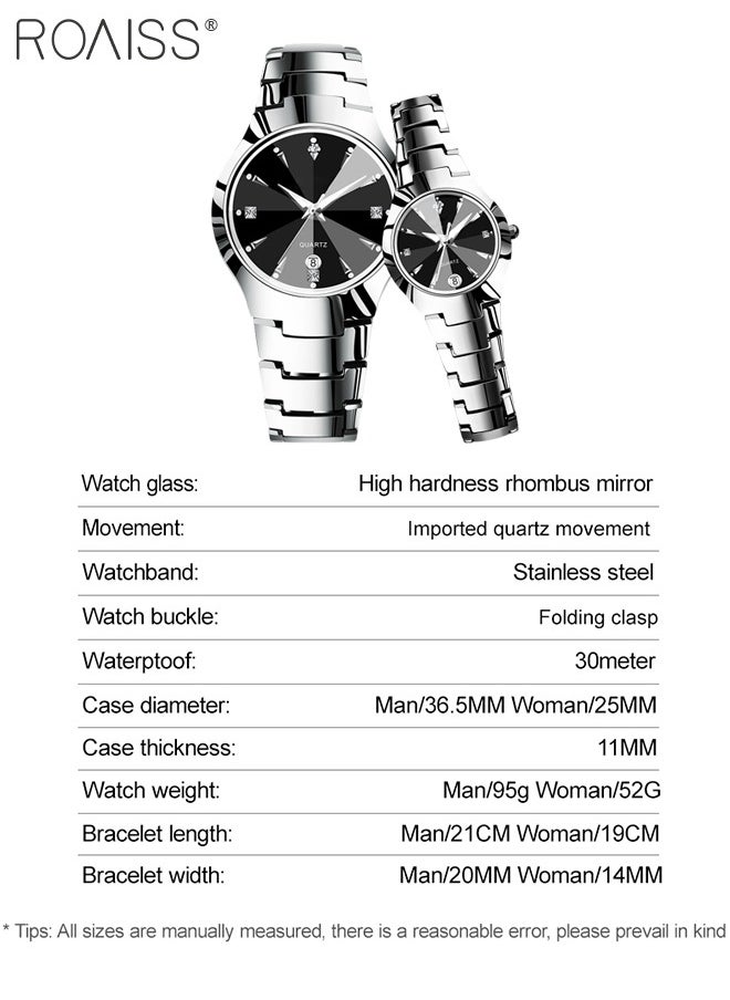 roaiss Stainless Steel Strap Couple Quartz Watch Set, Analog Display Round Dial with Rhinestones Decoration, Luxurious Luminous Waterproof Calendar Watch Gift for Men Women  - Image 4