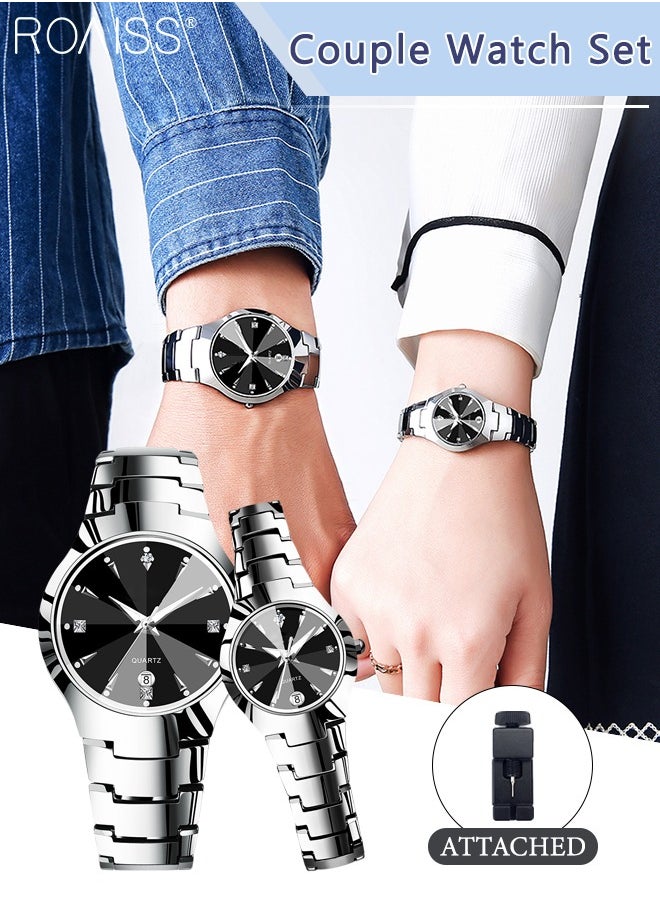 roaiss Stainless Steel Strap Couple Quartz Watch Set, Analog Display Round Dial with Rhinestones Decoration, Luxurious Luminous Waterproof Calendar Watch Gift for Men Women  - Image 1