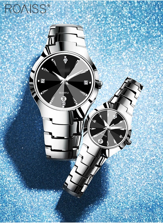 roaiss Stainless Steel Strap Couple Quartz Watch Set, Analog Display Round Dial with Rhinestones Decoration, Luxurious Luminous Waterproof Calendar Watch Gift for Men Women  - Image 3