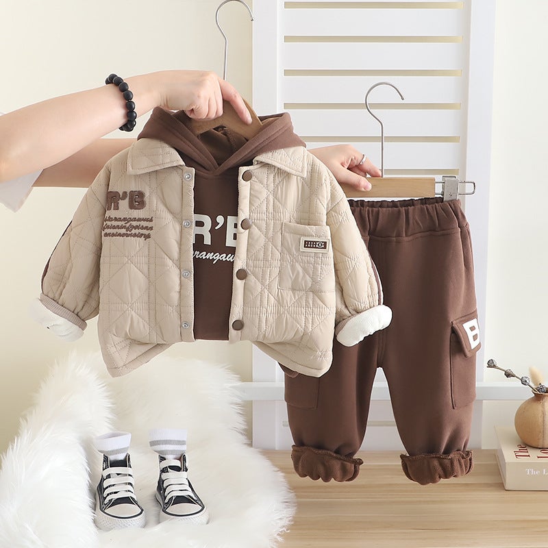 Five small seven childrens clothing 2024 autumn and winter new 0-4 years old children boys quilted cotton coat fleece-lined sweater pants 3 Off-white 