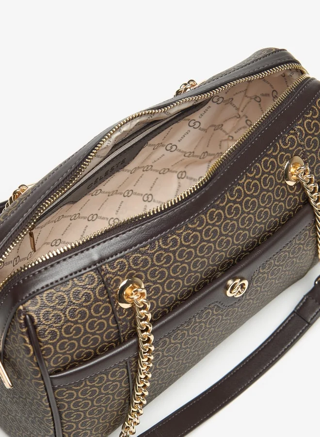 سيليست Monogram Print Bowler Bag with Zip Closure and Detachable Strap