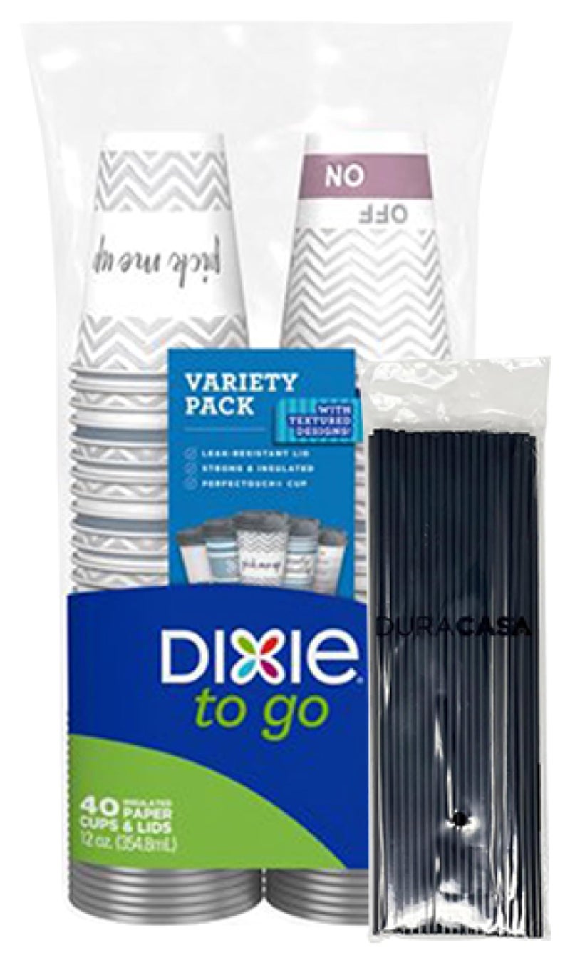DuraCasa DuraCasa Straws and Dixie To Go Perfectouch Paper Cups and Lids Bundle Pack of 40 Count 12 ounce Hot Beverage Cups  Lids Assorted Designs Disposable Paper Coffee Cups  Lids 40 12 Ounce
