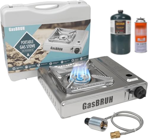 GasBRUH Propane or Butane Stove with Windblocker,Dual Fuel 10000BTU Stainless Steel Portable Camping Stove with CarryCase,Gas Stove for Camping,Tailgating,Outdoor Cooking,Emergency(Fuel not included) - Image 1