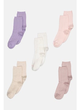 Women 5 Pairs Brand Logo Long Socks, Multicolor