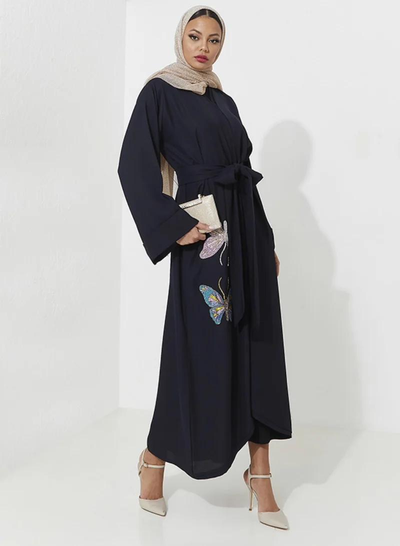 Rosette Abaya Embellished abaya with wide sleeves