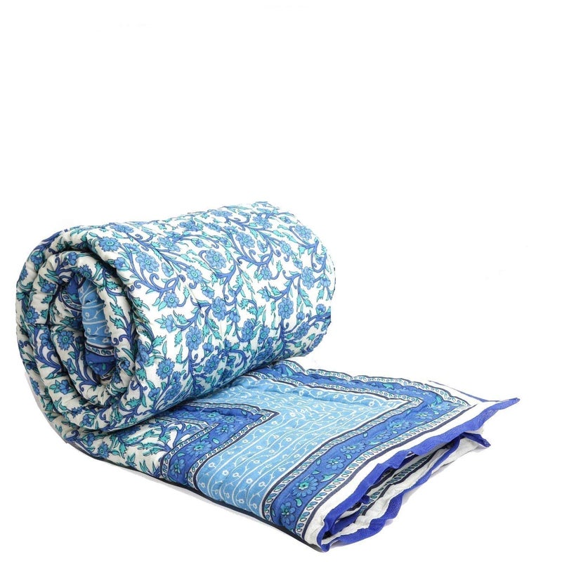 Lilfly Rajasthani Light Weight Single Bed Soft Jaipuri Reversible Both Side use AC Quilt/Razai Designer Sky Blue jaal Flower with Boarder Cotton Quilts (Size 55X85 inch)