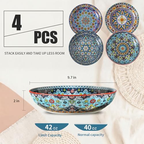 glowworm Pasta Bowls Set of 4, 42 oz Ceramic Salad Bowls for Kitchen, 9.7 Inch Colorful Serving Bowls for Soup, Dinner, Fruit, Dishwasher & Microwave Safe, Bohemian - Image 5