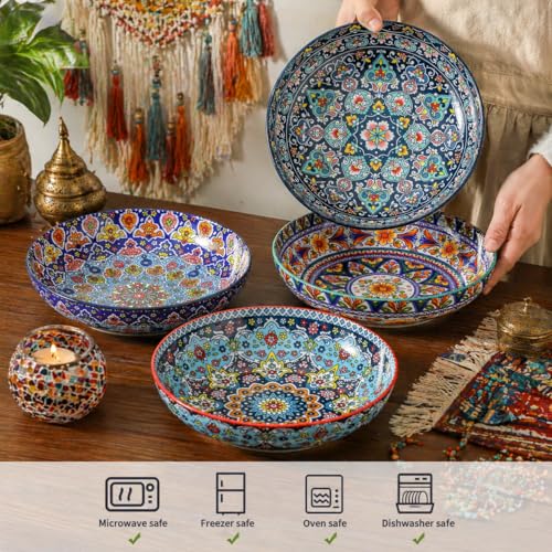 glowworm Pasta Bowls Set of 4, 42 oz Ceramic Salad Bowls for Kitchen, 9.7 Inch Colorful Serving Bowls for Soup, Dinner, Fruit, Dishwasher & Microwave Safe, Bohemian - Image 4