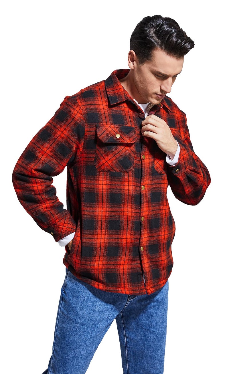 Puwasa Men's Sherpa Lined Cotton Flannel Shirt Jacket Plaid Button Up Jacket Coat for Men with Pocket Red Small - Image 3