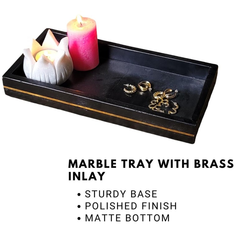 RM Marble Tray Rectangle Shape Black Marble with Brass Lining Tray for Bathroom Living Room Kitchen Serving Dining Table Jewellery Candle Perfume Cosmetic Organizer Vanity Platter - Image 5