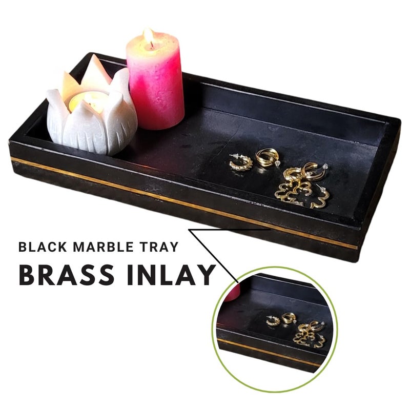 RM Marble Tray Rectangle Shape Black Marble with Brass Lining Tray for Bathroom Living Room Kitchen Serving Dining Table Jewellery Candle Perfume Cosmetic Organizer Vanity Platter - Image 2