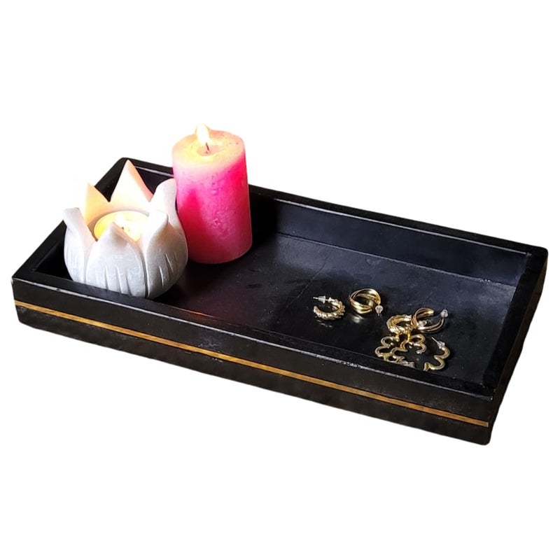 RM Marble Tray Rectangle Shape Black Marble with Brass Lining Tray for Bathroom Living Room Kitchen Serving Dining Table Jewellery Candle Perfume Cosmetic Organizer Vanity Platter - Image 1