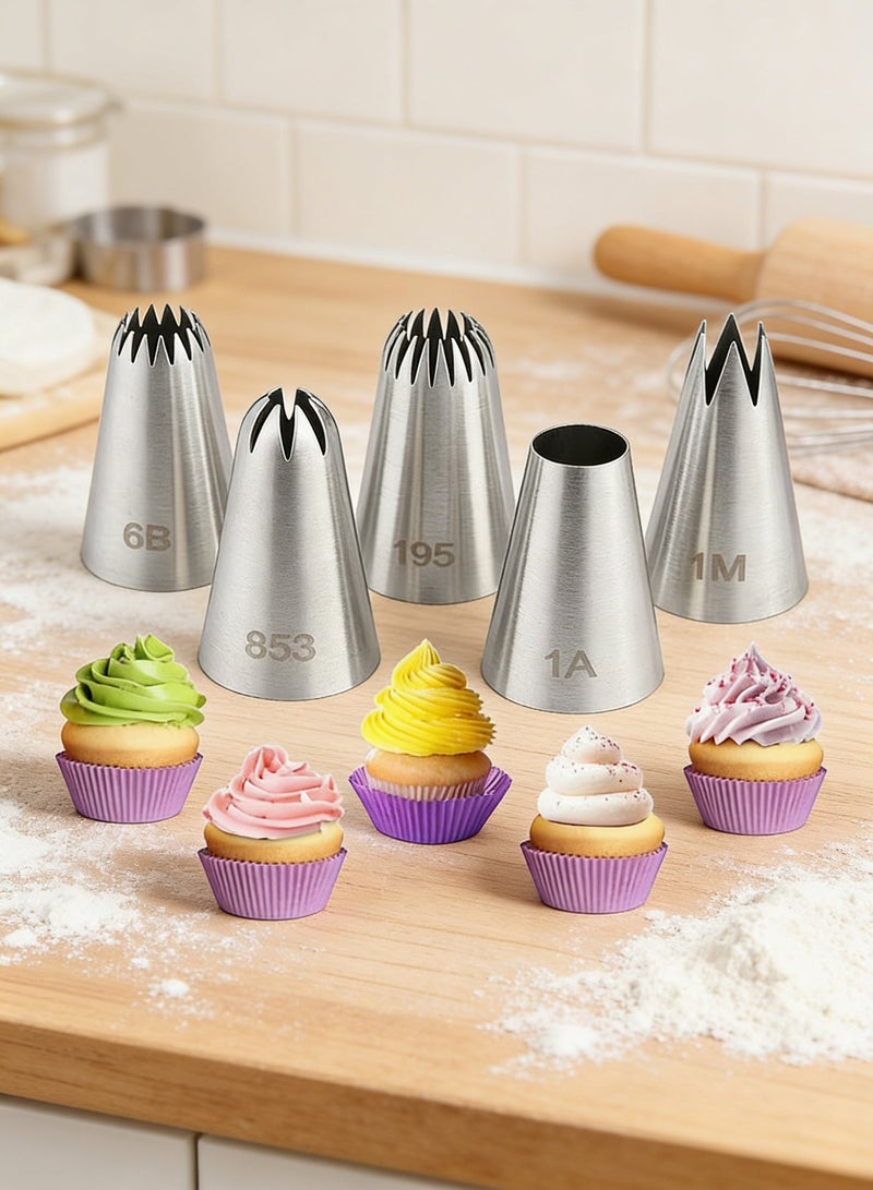 5PCS Large Piping Tips Set, Yakumuz Stainless Steel Cake Decorating Tips, Frosting Icing Tips for Cupcakes, Cake, Cookie and Decorating - Image 1