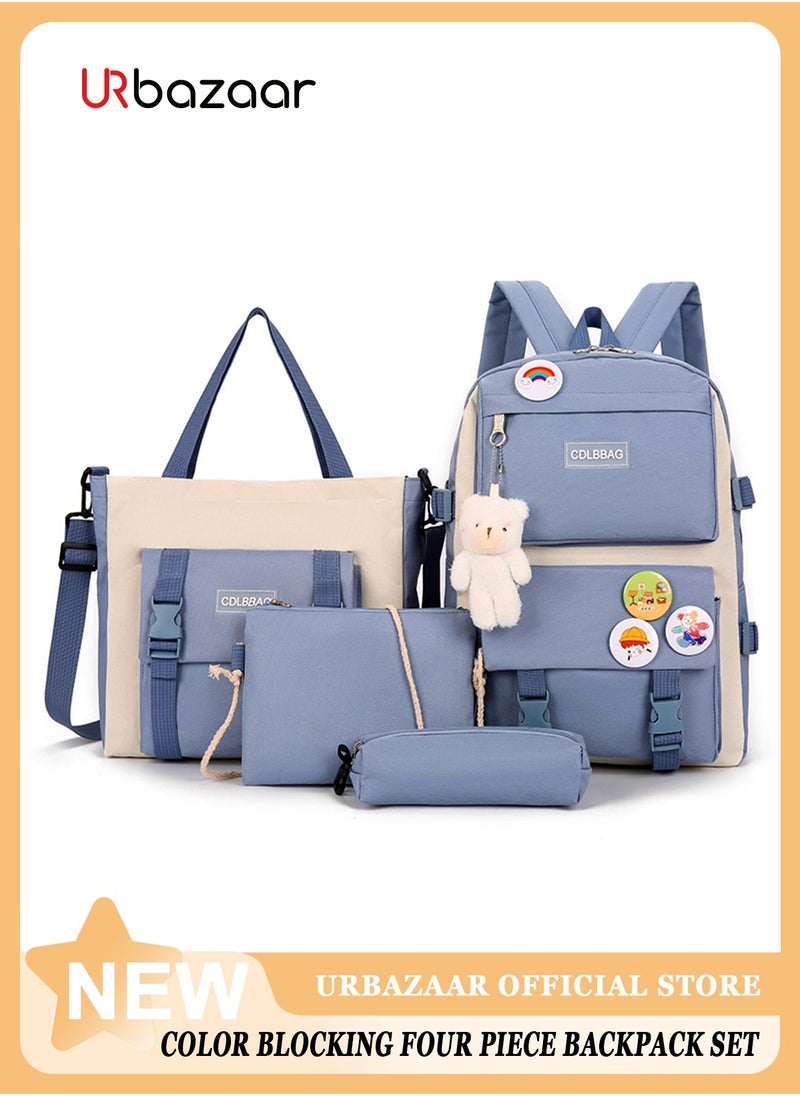 URbazaar 4pcs Backpack School Book Bag Set Kawaii Teddy Bear Pendant Canvas Combo Girl Student Tote Crossbody Daypack Boy Pencil Case  - Image 1