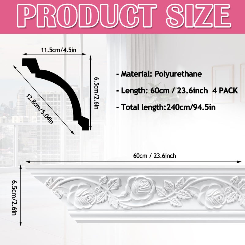 Marsui 4 Pcs Ceiling Crown Molding Trim 4-1/2 Inch Face x 94.5 in Long Total Decorative Ceiling Crown Moulding Trim Installed with Glue (Not Included) Luxe Style Decor (Floral Style) - Image 2