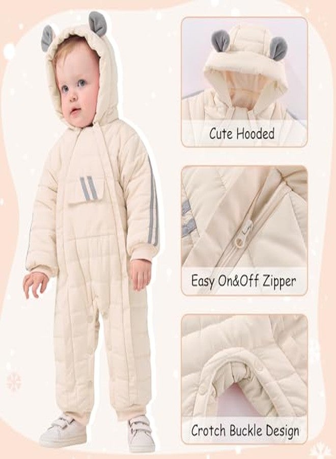 JiAmy Baby Snowsuit Baby Bear Hooded Winter Outfit Double Girl Boy Zipper Winter Clothes Romper White 3-6 Months - Image 3