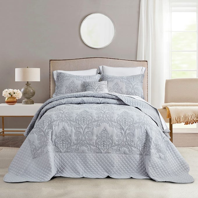 OVERSIZED BEDSPREAD COVERLET SET KING SIZE LIGHTWEIGHT BEDDING COVER BEAUTIFUL STITCHING 4 PIECE REVERSIBLE BEDSPREAD LUXURY DAMASK PAISLEY PATTERN KING LIGHT GREY