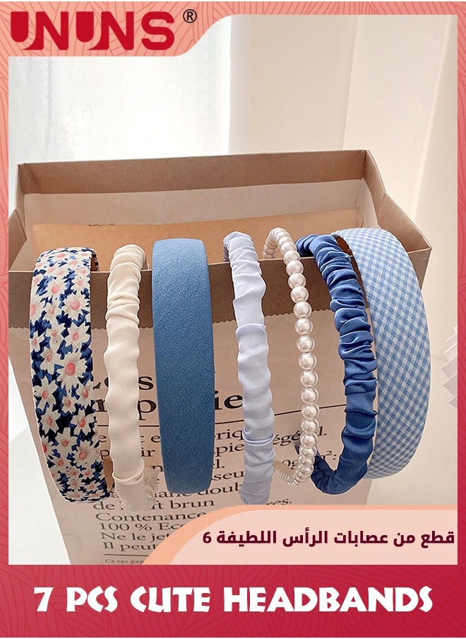 UNUNS - 7 Pack Cute Headbands For Women Girls,Fashion Head Wrap,Non Slip Flower Headband,Pearl Headbands,Twisted Headband,Different Designs Blue White Solid Headbands Sets For Daily Decor - Image 1