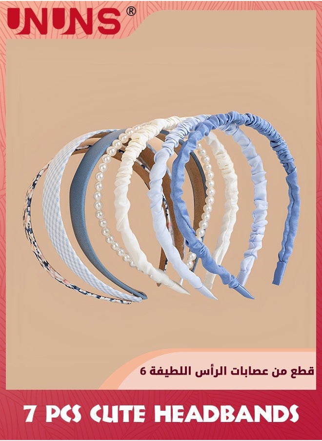 UNUNS - 7 Pack Cute Headbands For Women Girls,Fashion Head Wrap,Non Slip Flower Headband,Pearl Headbands,Twisted Headband,Different Designs Blue White Solid Headbands Sets For Daily Decor - Image 1