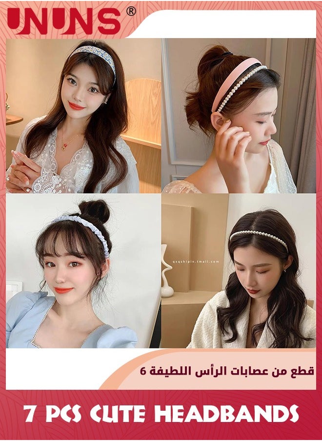 UNUNS - 7 Pack Cute Headbands For Women Girls,Fashion Head Wrap,Non Slip Flower Headband,Pearl Headbands,Twisted Headband,Different Designs Blue White Solid Headbands Sets For Daily Decor - Image 1