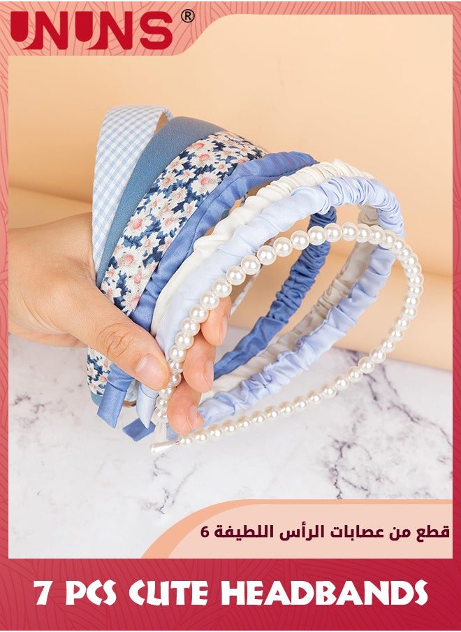 UNUNS - 7 Pack Cute Headbands For Women Girls,Fashion Head Wrap,Non Slip Flower Headband,Pearl Headbands,Twisted Headband,Different Designs Blue White Solid Headbands Sets For Daily Decor - Image 1