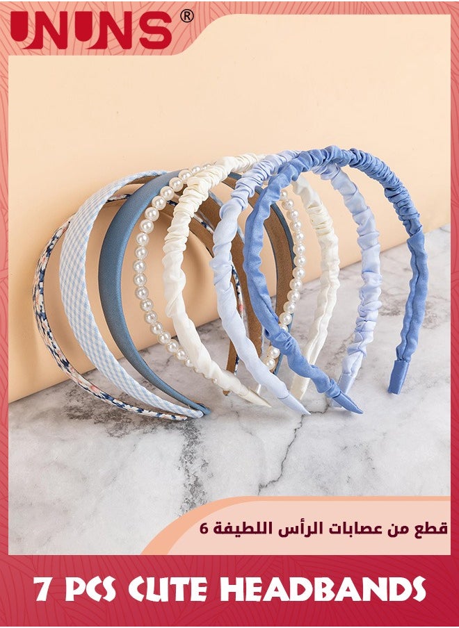 UNUNS - 7 Pack Cute Headbands For Women Girls,Fashion Head Wrap,Non Slip Flower Headband,Pearl Headbands,Twisted Headband,Different Designs Blue White Solid Headbands Sets For Daily Decor - Image 1