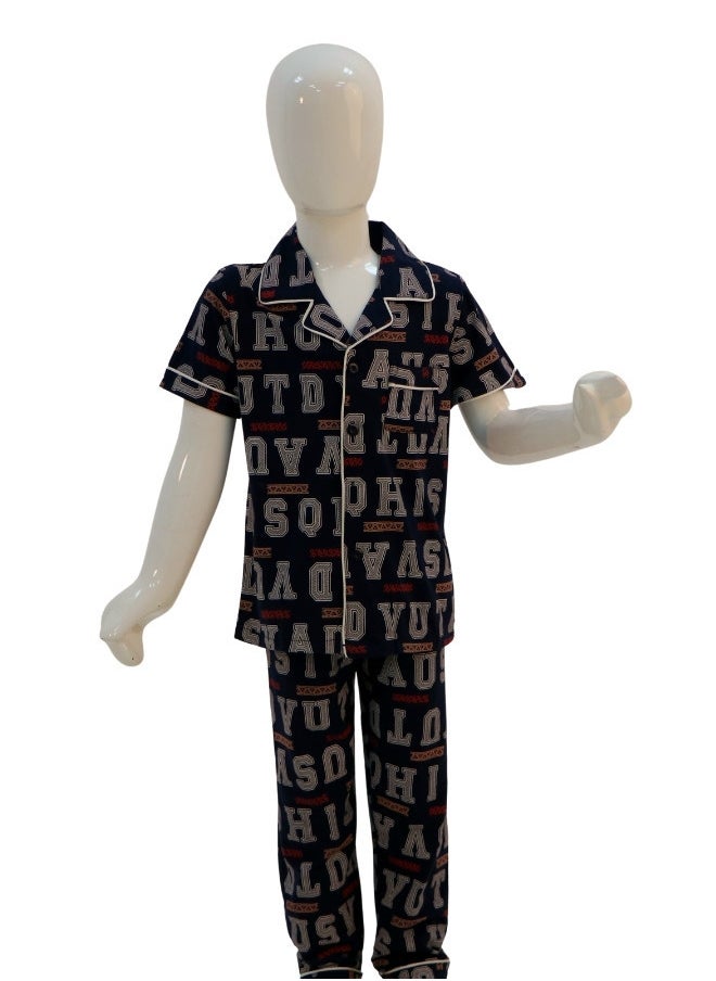 JOANNA - JOANNA Boy's Letters Print Button Down Shirt & Trouser Pajama Set, Blue - Image 1