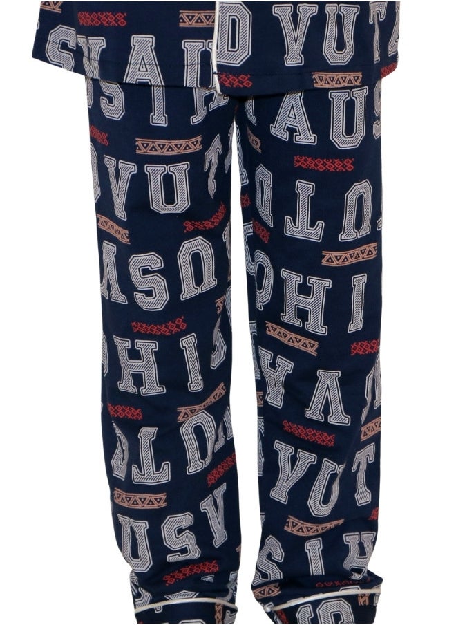 JOANNA - JOANNA Boy's Letters Print Button Down Shirt & Trouser Pajama Set, Blue - Image 1