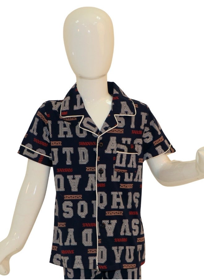 JOANNA - JOANNA Boy's Letters Print Button Down Shirt & Trouser Pajama Set, Blue - Image 1