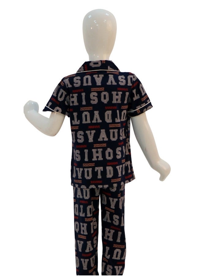 JOANNA - JOANNA Boy's Letters Print Button Down Shirt & Trouser Pajama Set, Blue - Image 1