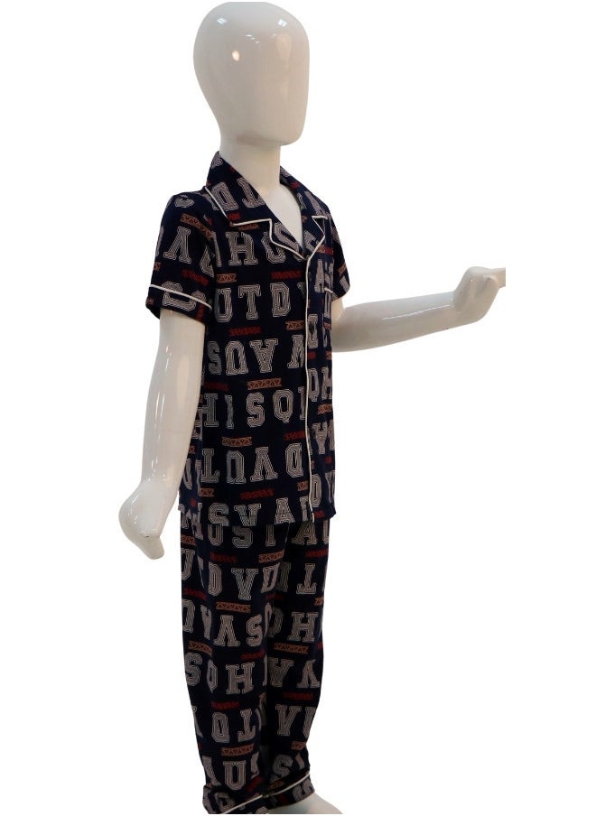 JOANNA - JOANNA Boy's Letters Print Button Down Shirt & Trouser Pajama Set, Blue - Image 1