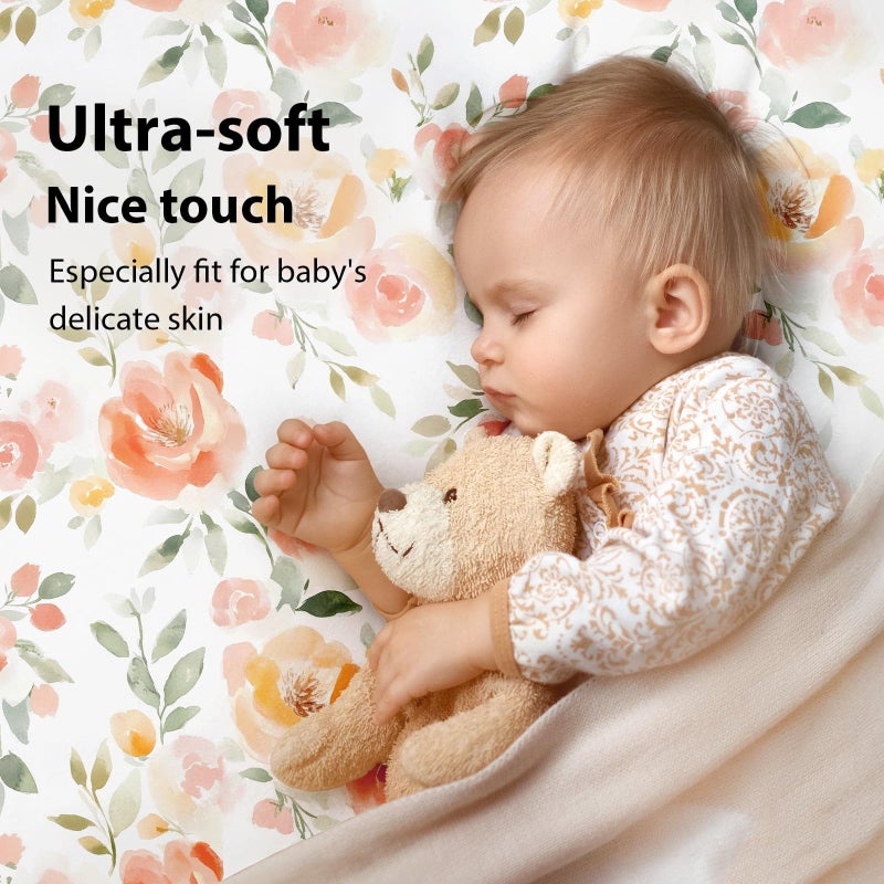 FIEMOL Baby Crib Sheets Girl, 3 Pack Toddler Bed Sheets for 52â€x28â€ Standard Toddler Mattresses, Soft Microfiber Fitted Crib Sheets Neutral Orange Watercolor Flower - Image 2