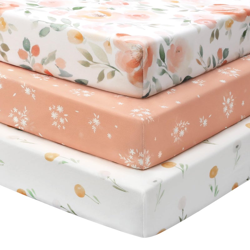 FIEMOL Baby Crib Sheets Girl, 3 Pack Toddler Bed Sheets for 52â€x28â€ Standard Toddler Mattresses, Soft Microfiber Fitted Crib Sheets Neutral Orange Watercolor Flower - Image 1