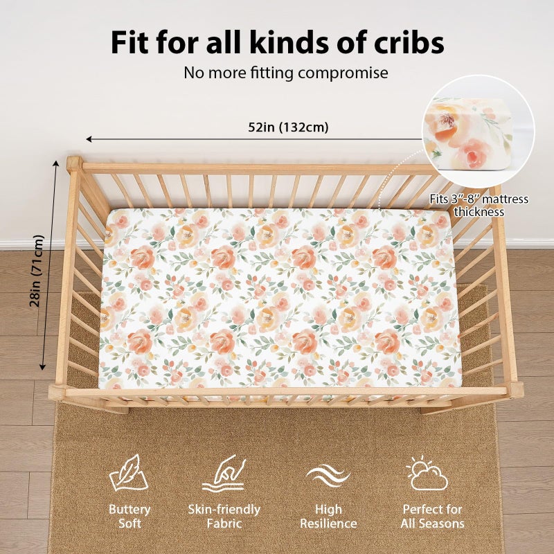 FIEMOL Baby Crib Sheets Girl, 3 Pack Toddler Bed Sheets for 52â€x28â€ Standard Toddler Mattresses, Soft Microfiber Fitted Crib Sheets Neutral Orange Watercolor Flower - Image 3