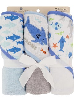 Cudlie Cudlie Buttons & Stitches Baby Boy 3 Pack Rolled/Carded Hooded Towels in Jawsome Print  - Image 2